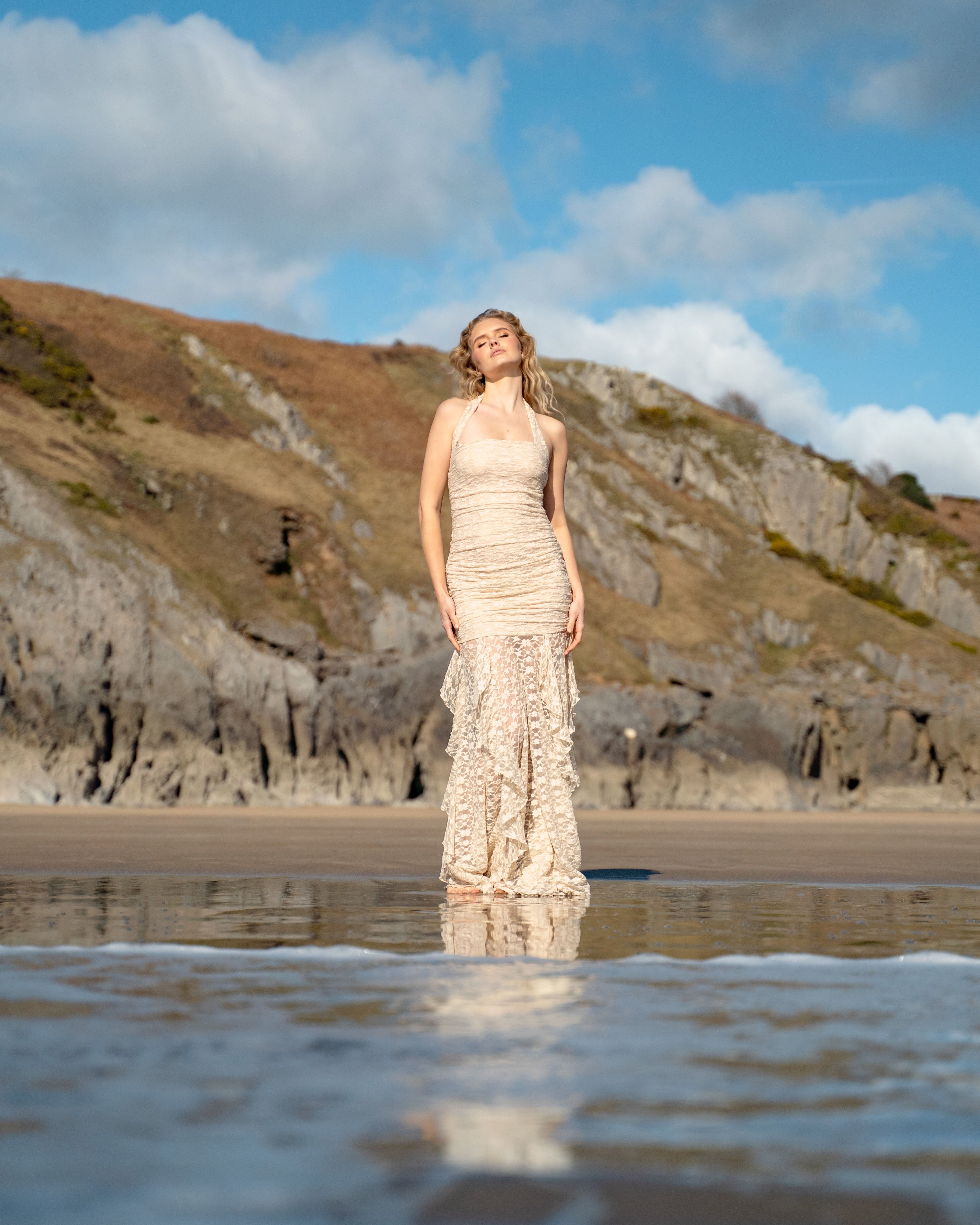 Ruched Lace Halter Maxi Dress in Soft Champagne - ELARA