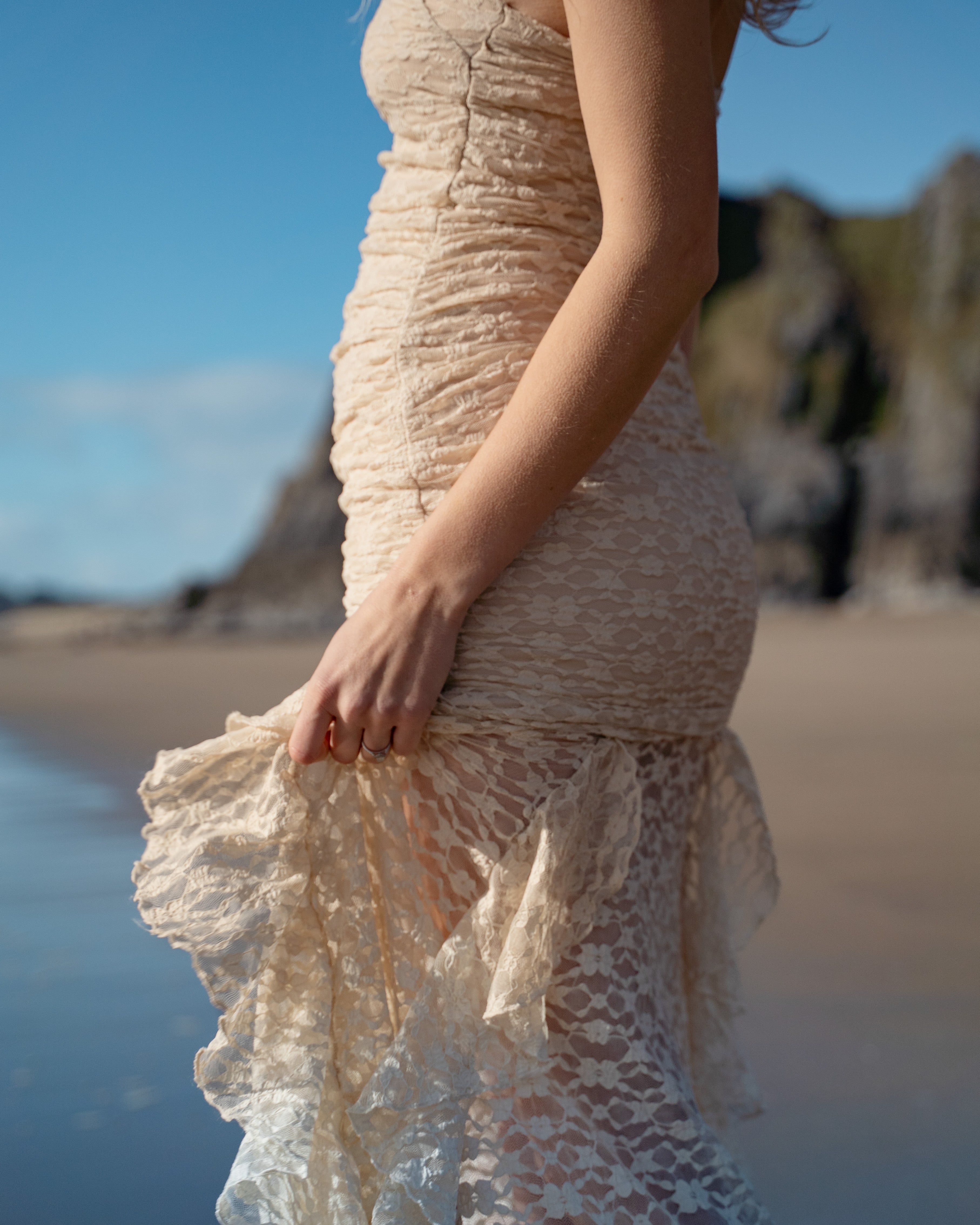 Ruched Lace Halter Maxi Dress in Soft Champagne - ELARA