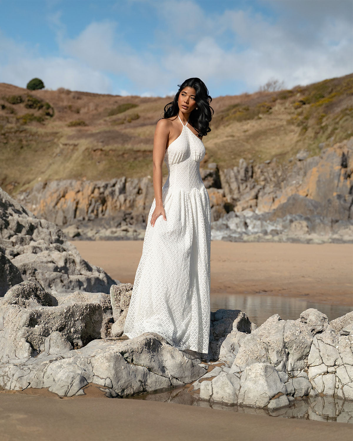 Halter Maxi Dress in Textured White Lace - THALASSA 14 Halter Maxi Dress in Textured White Lace - THALASSA 14