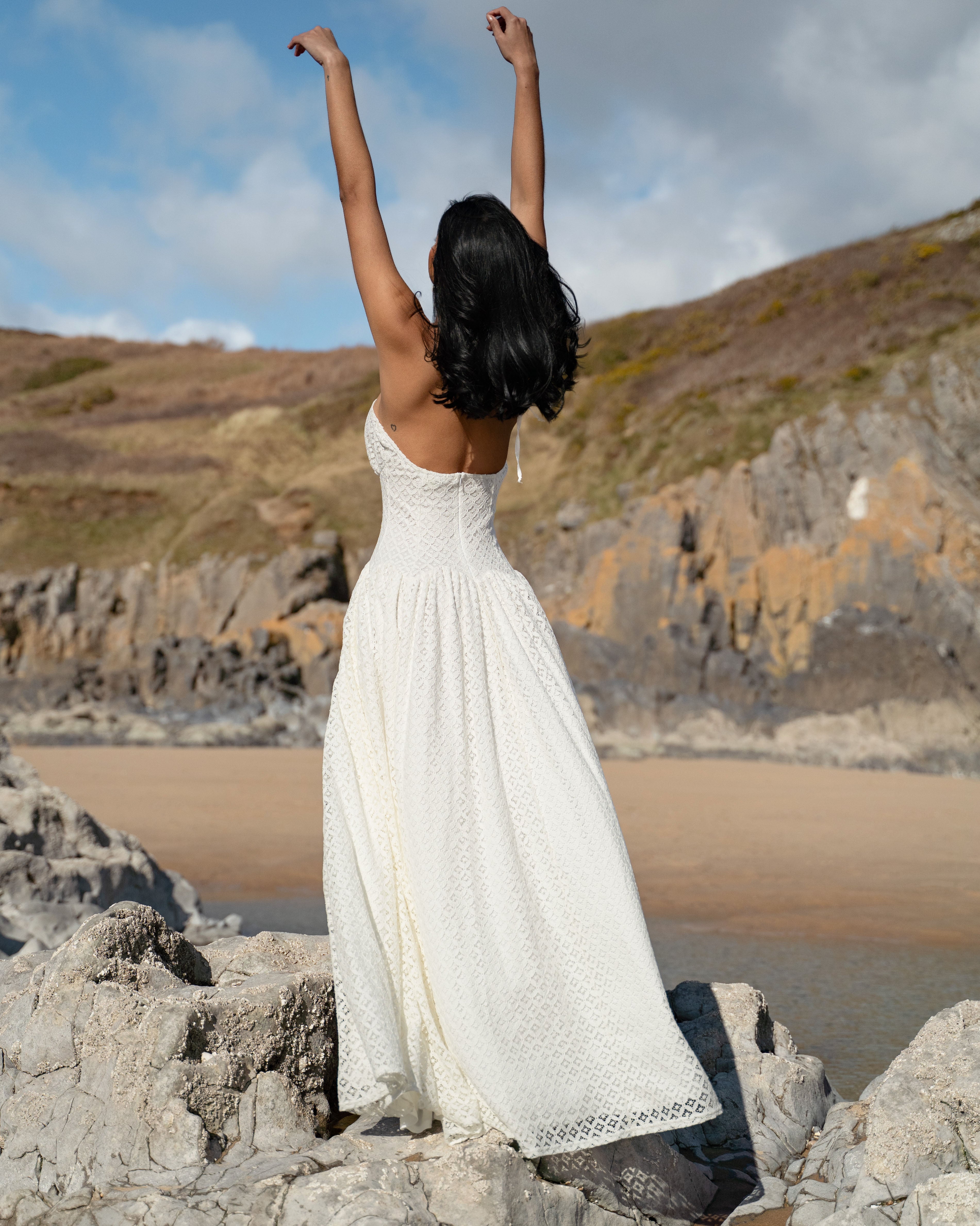 Halter Maxi Dress in Textured White Lace - THALASSA
