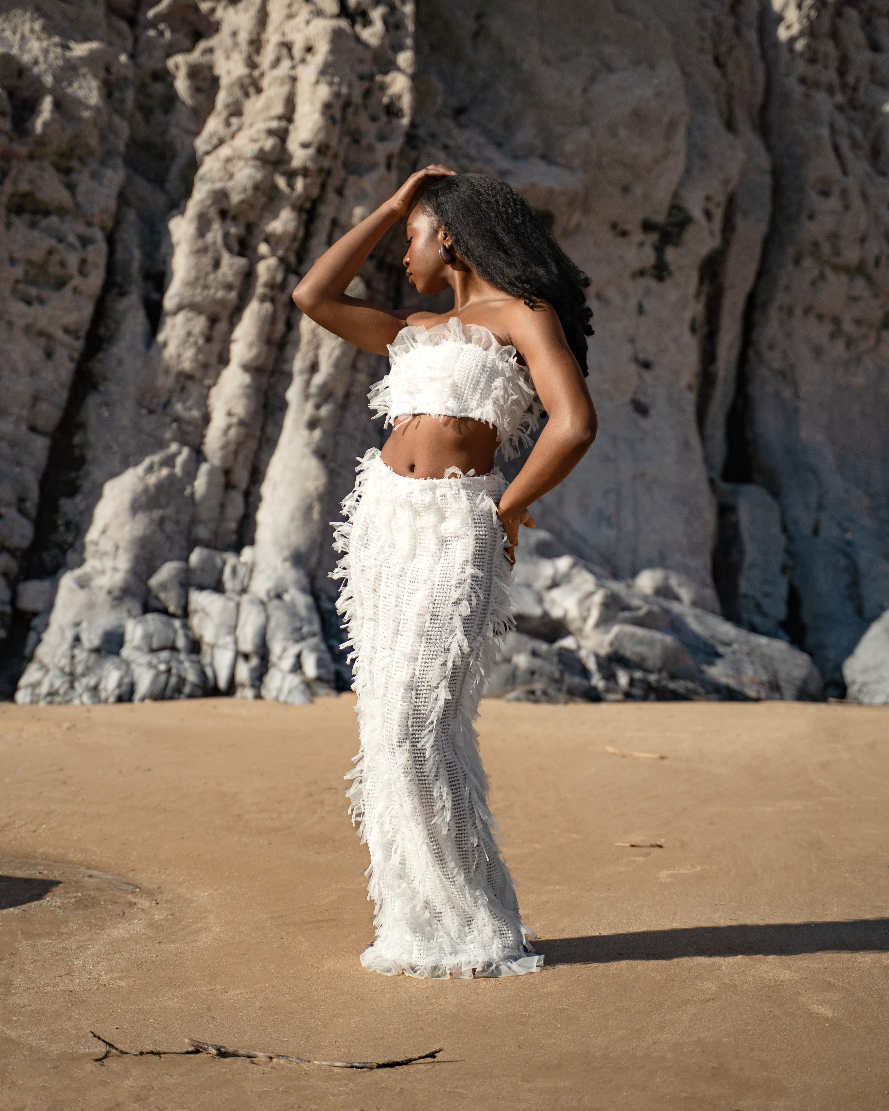 Textured Strapless Top with Frayed Tulle Trim in White - ELODIE TOP