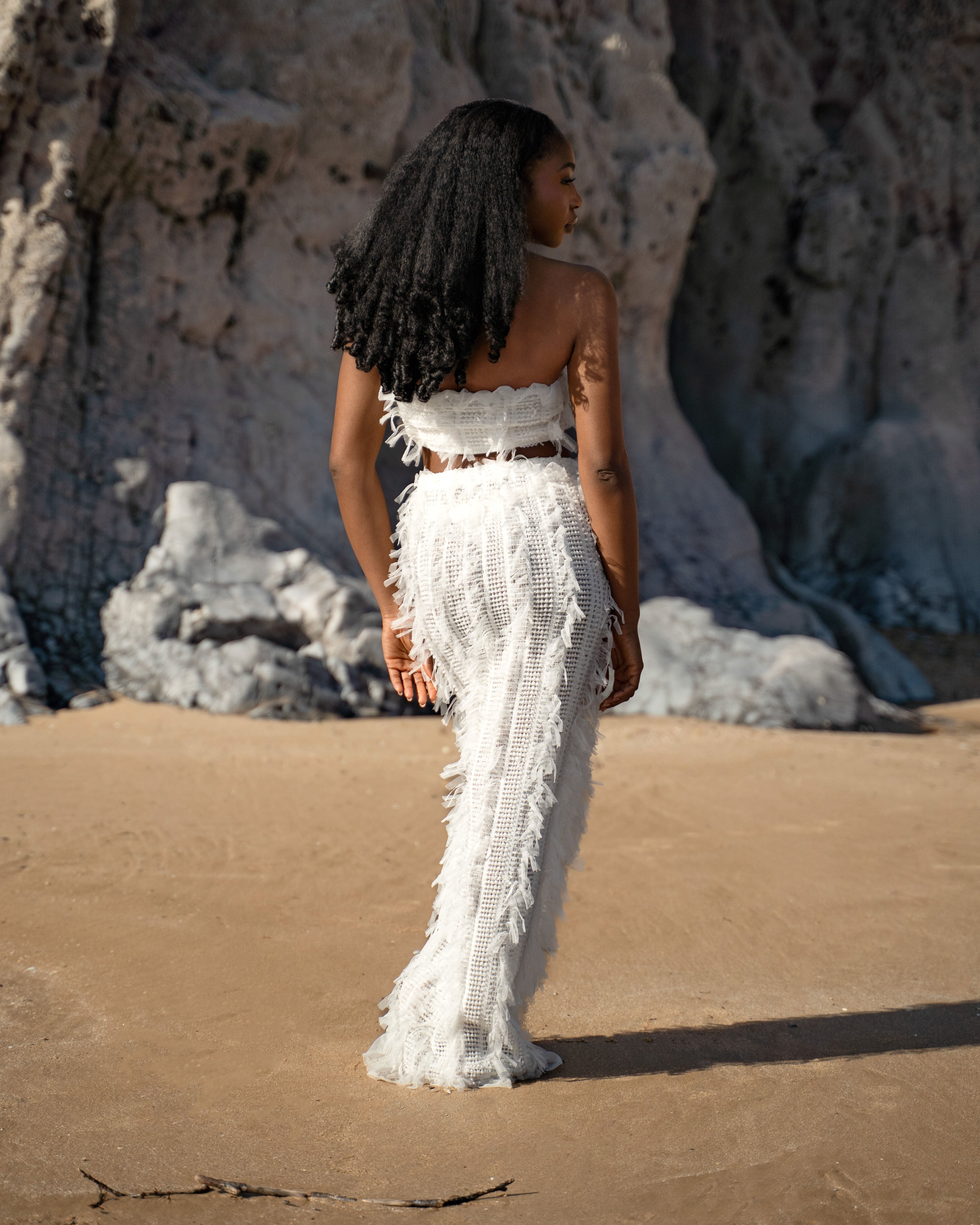 Textured Strapless Top with Frayed Tulle Trim in White - ELODIE TOP