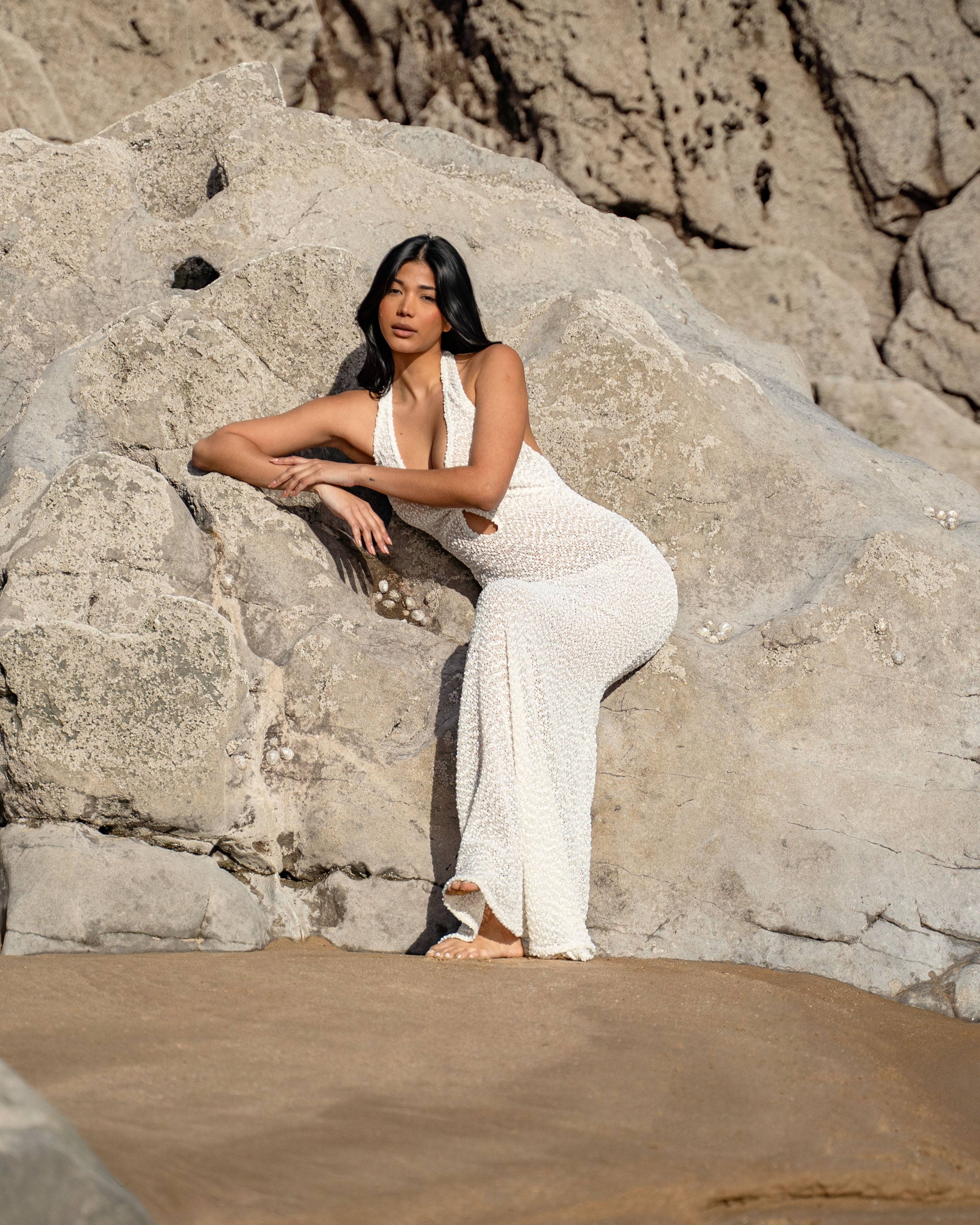 Textured Halter Maxi Dress with Open Back in Ivory - LYRA