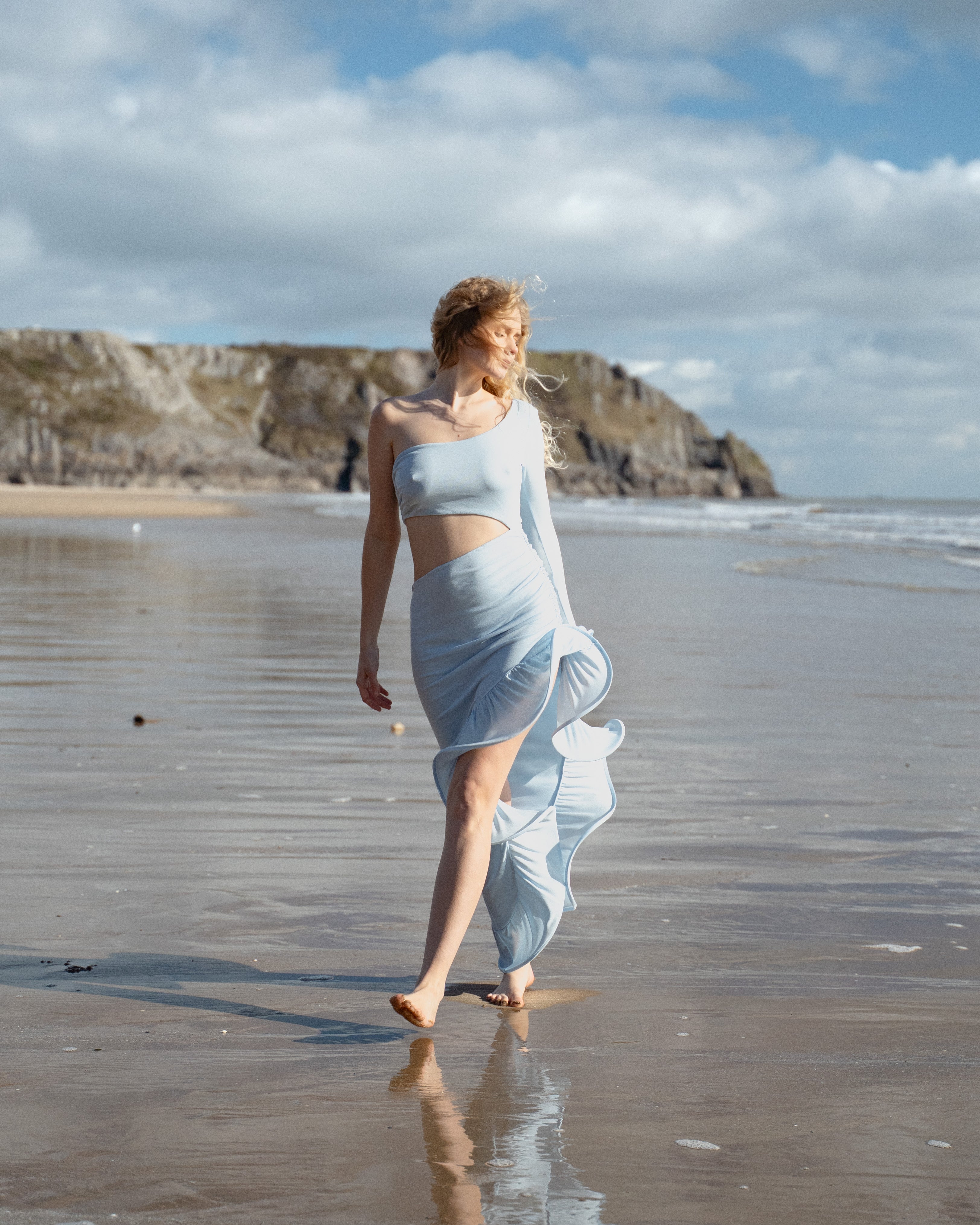 Asymmetrical One-Shoulder Maxi Dress in Powder Blue - ADELLA