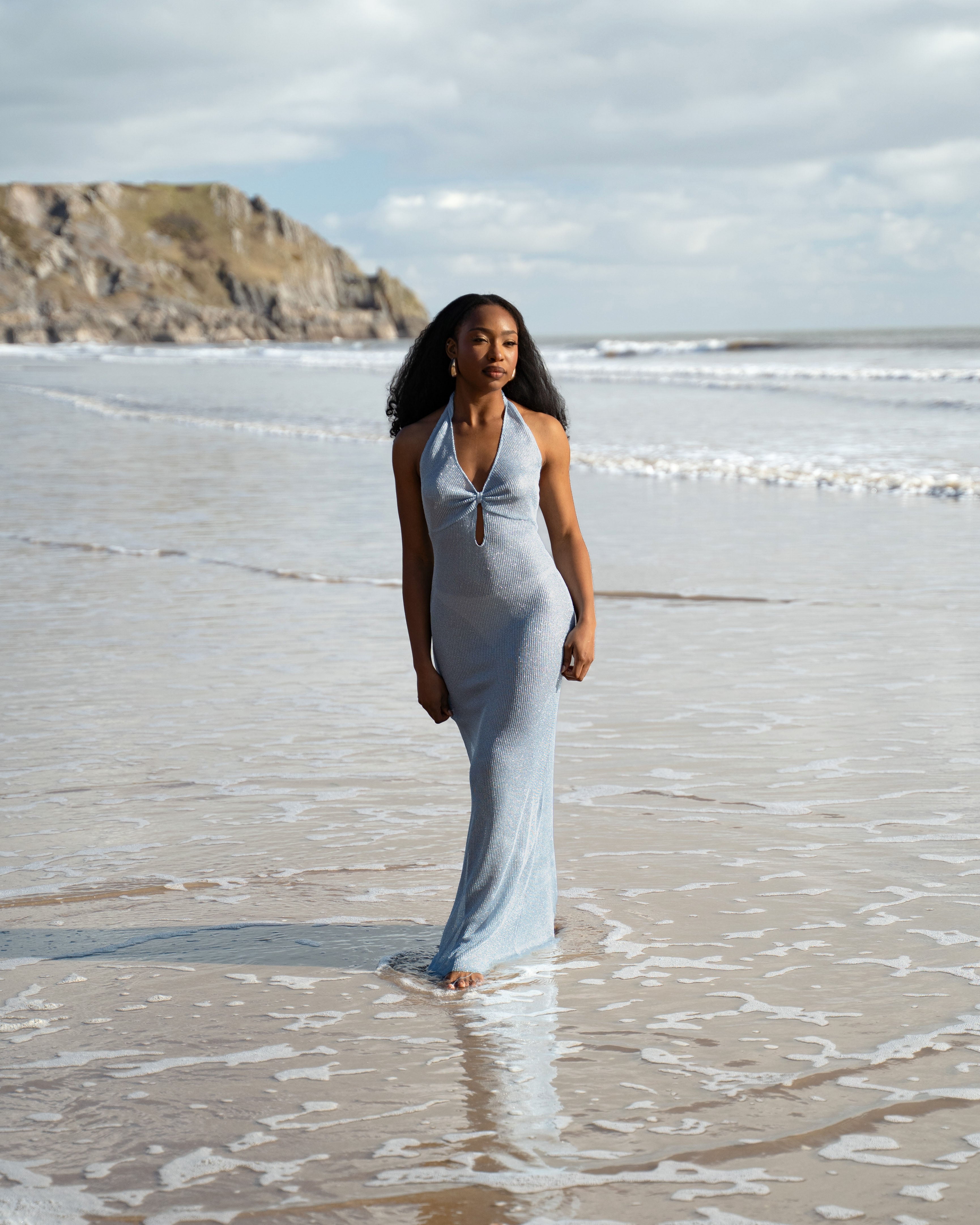 Shimmer Knit Halter Maxi Dress in Powder Blue - ALANA