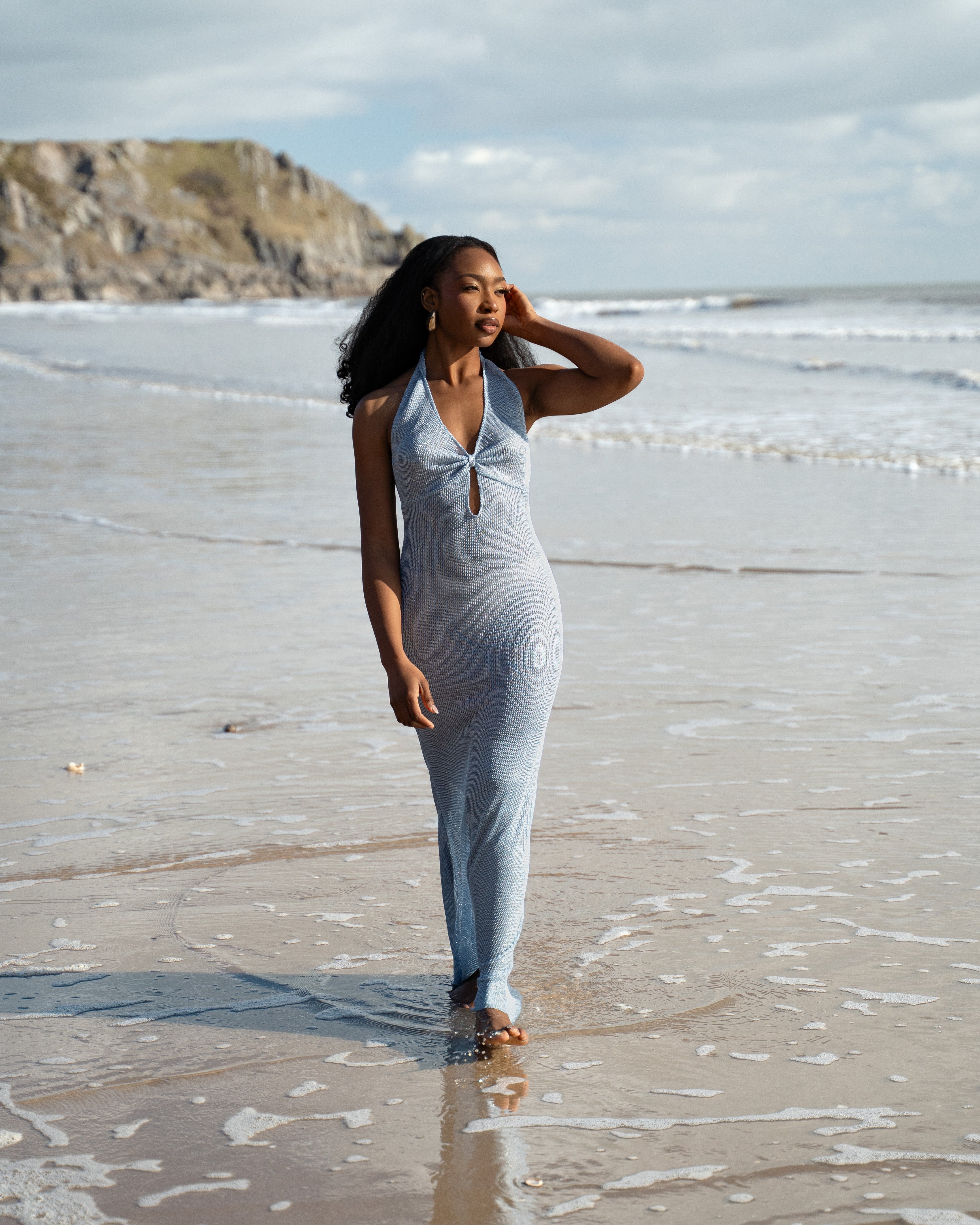 Shimmer Knit Halter Maxi Dress in Powder Blue - ALANA