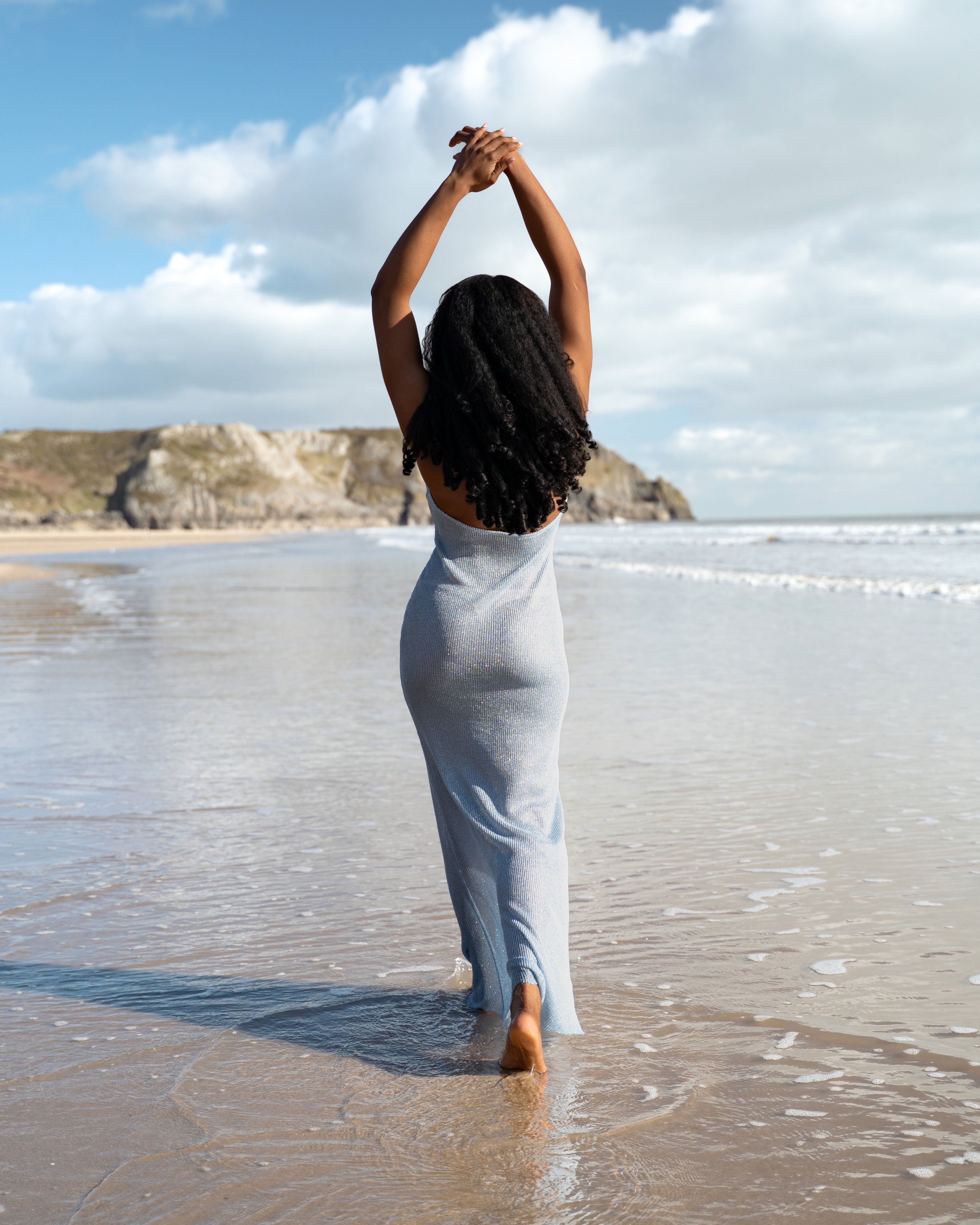 Shimmer Knit Halter Maxi Dress in Powder Blue - ALANA