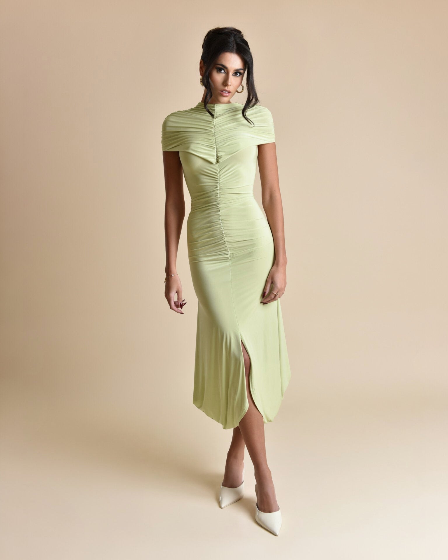 Draped Ruched Midi Dress with Side Slit - HESTIA