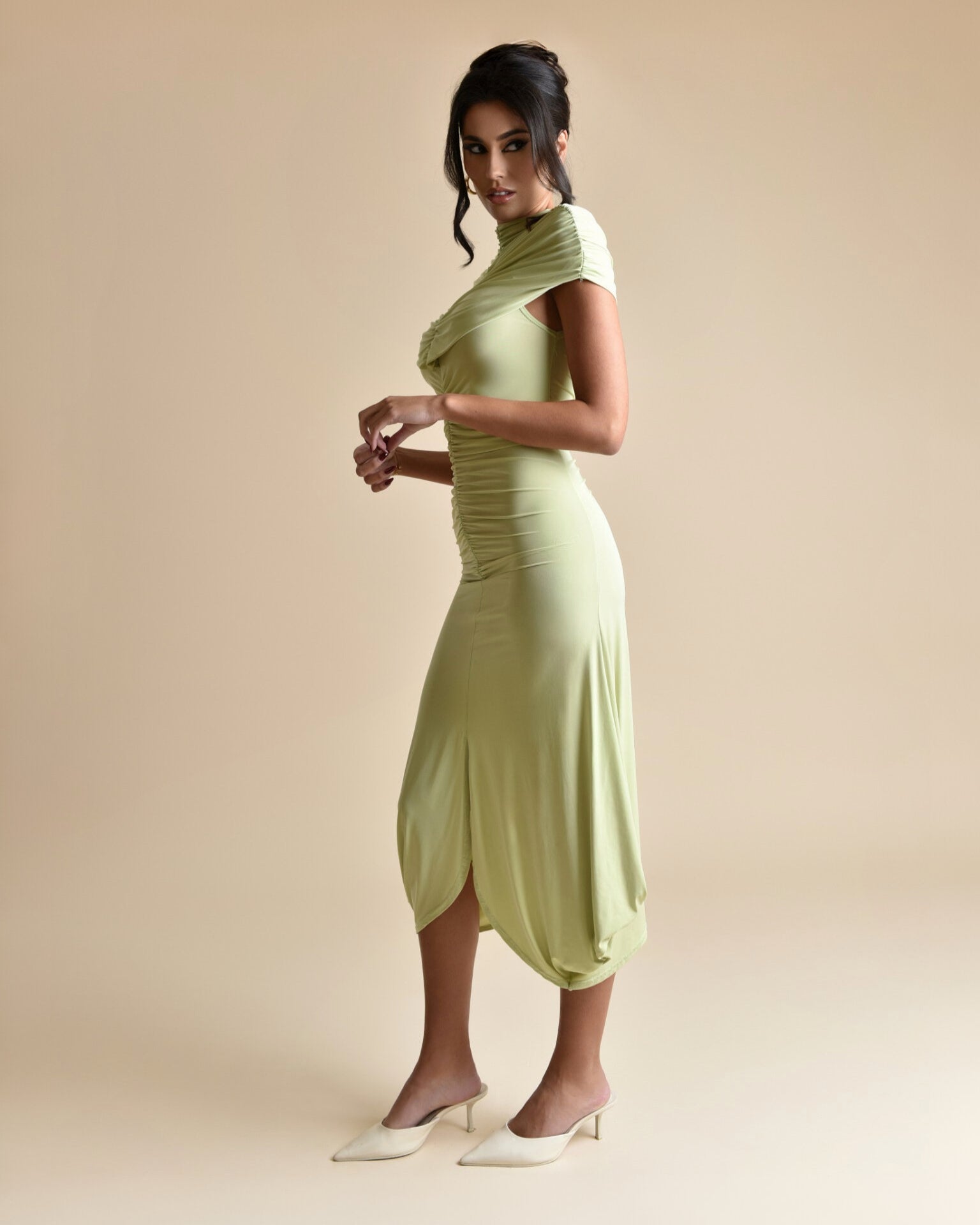 Draped Ruched Midi Dress with Side Slit - HESTIA