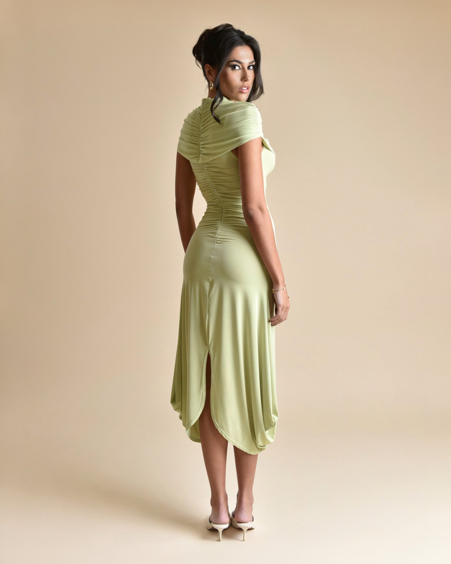 Draped Ruched Midi Dress with Side Slit - HESTIA