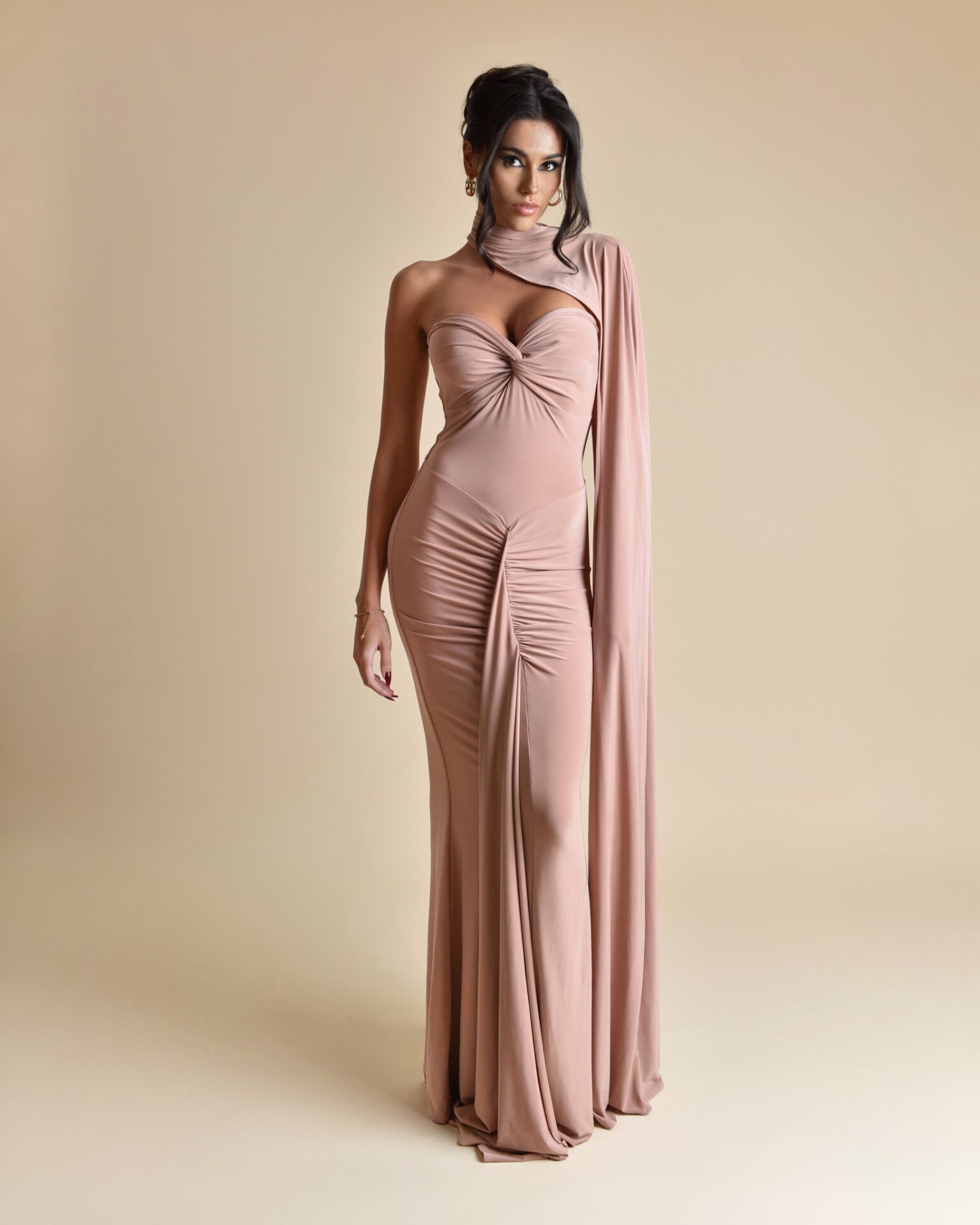 Strapless Maxi Dress with Draped Cape - Rose Beige - CIRCE 16