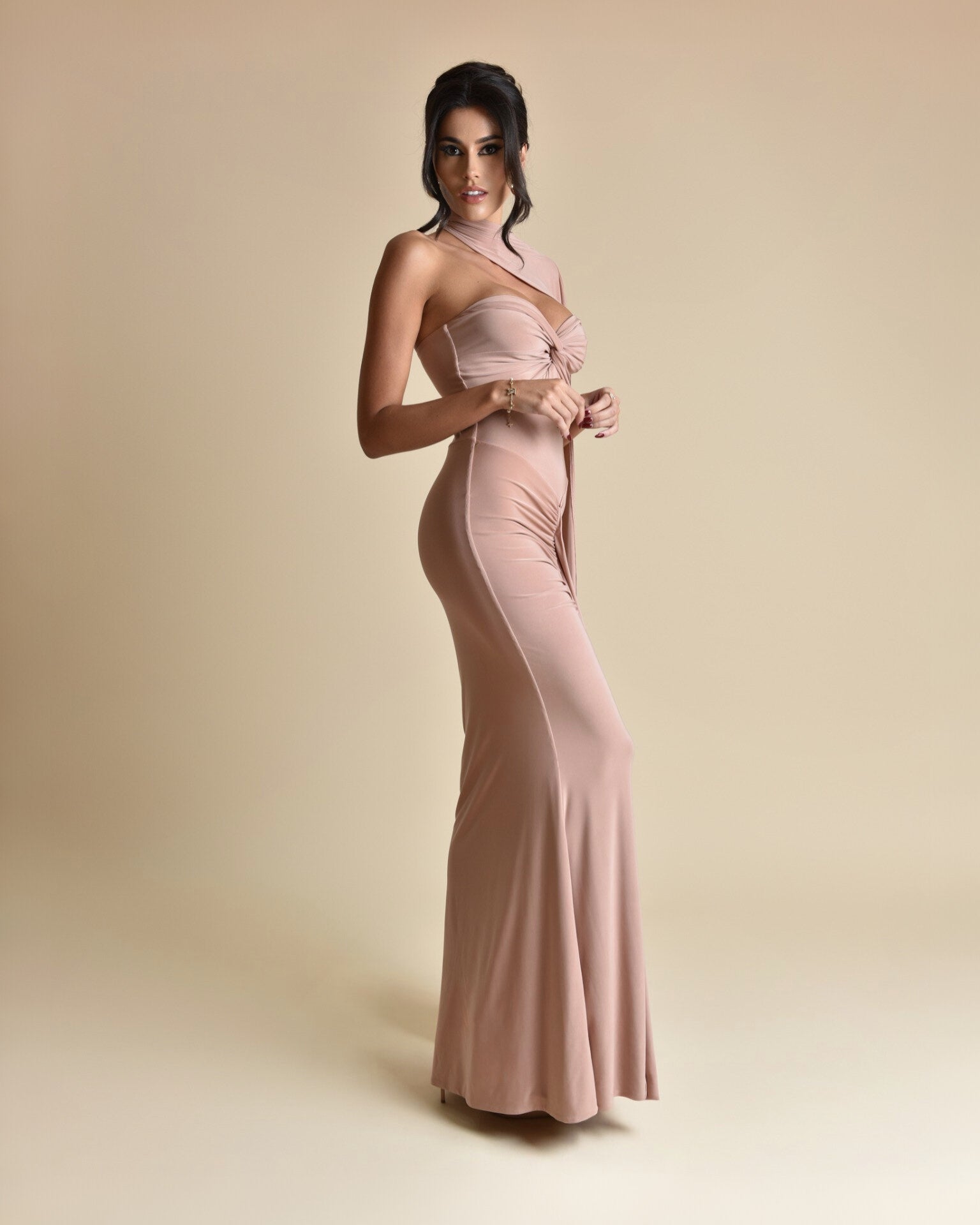 Strapless Maxi Dress with Draped Cape - Rose Beige - CIRCE