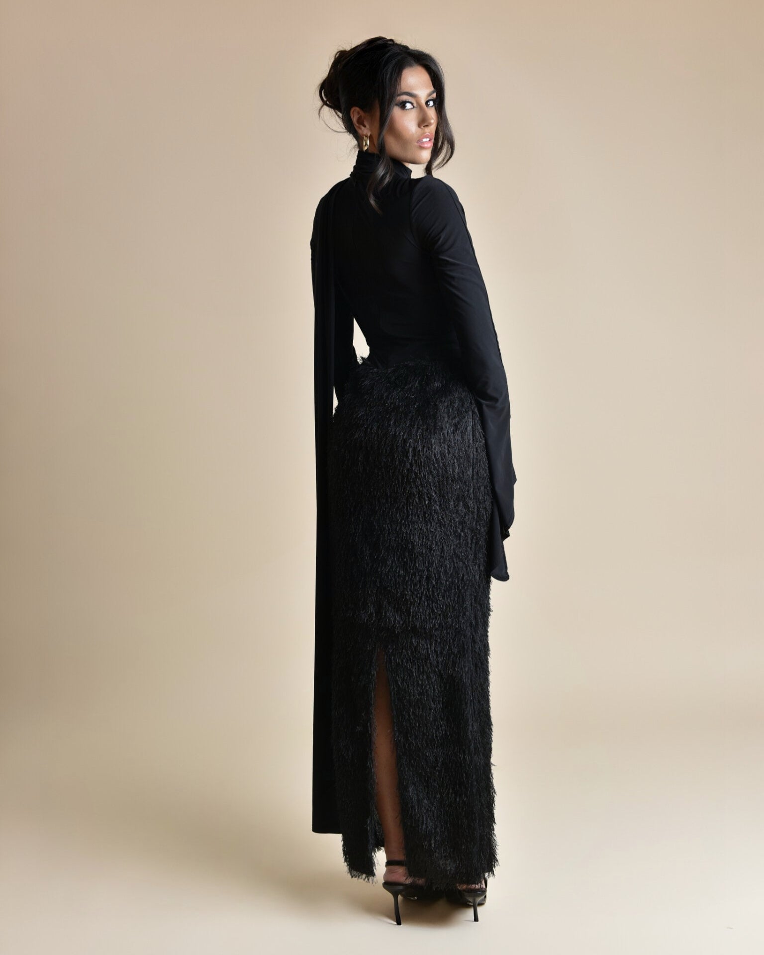 Long-Sleeve Maxi Dress with Scarf Detail - Black - PERSEPHONE