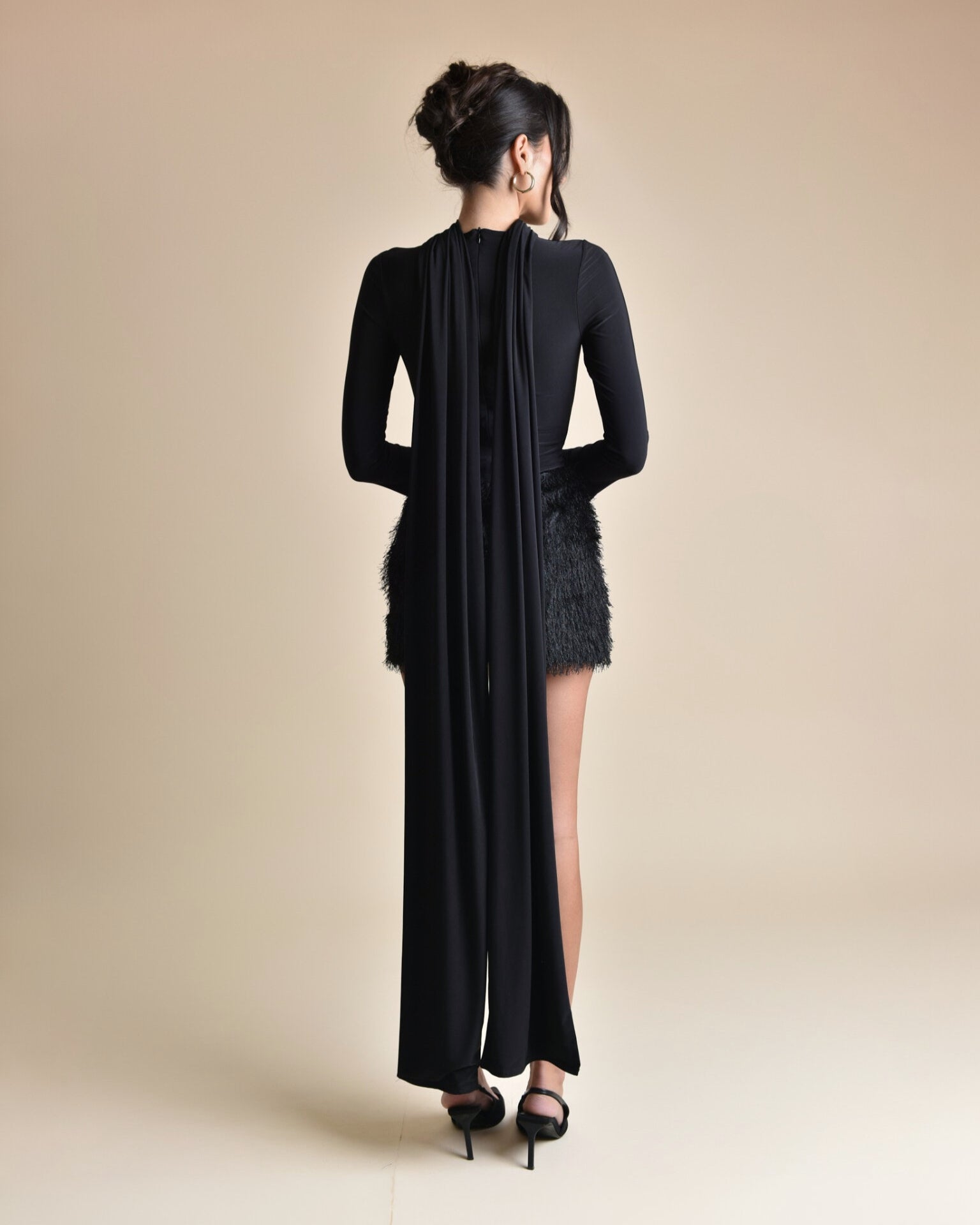 Long-Sleeve Micro Mini Dress with Scarf Detail - Black - MEDUSA