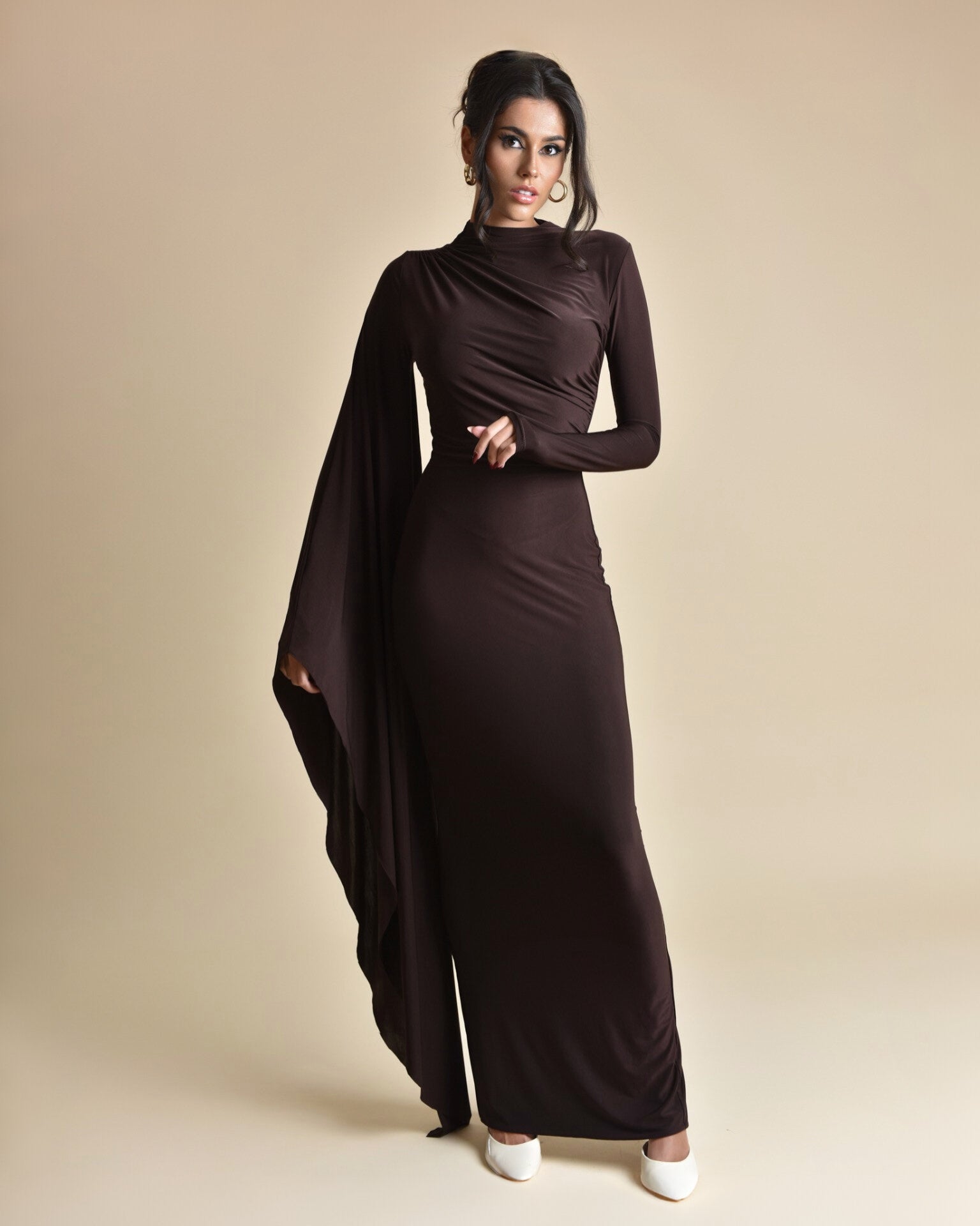 High-Neck Maxi Dress with Draped sleeve - Chocolate - HECATE