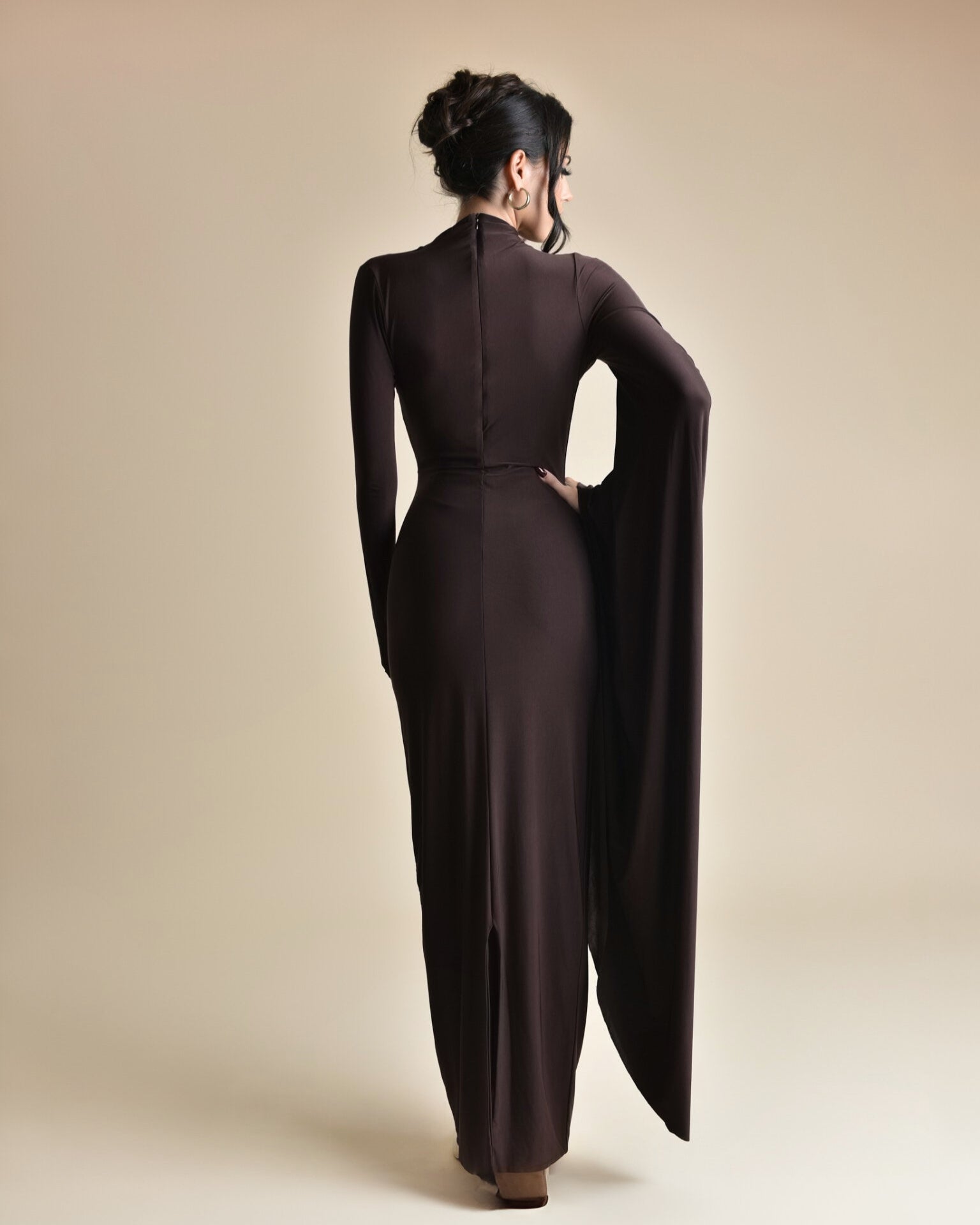 High-Neck Maxi Dress with Draped sleeve - Chocolate - HECATE