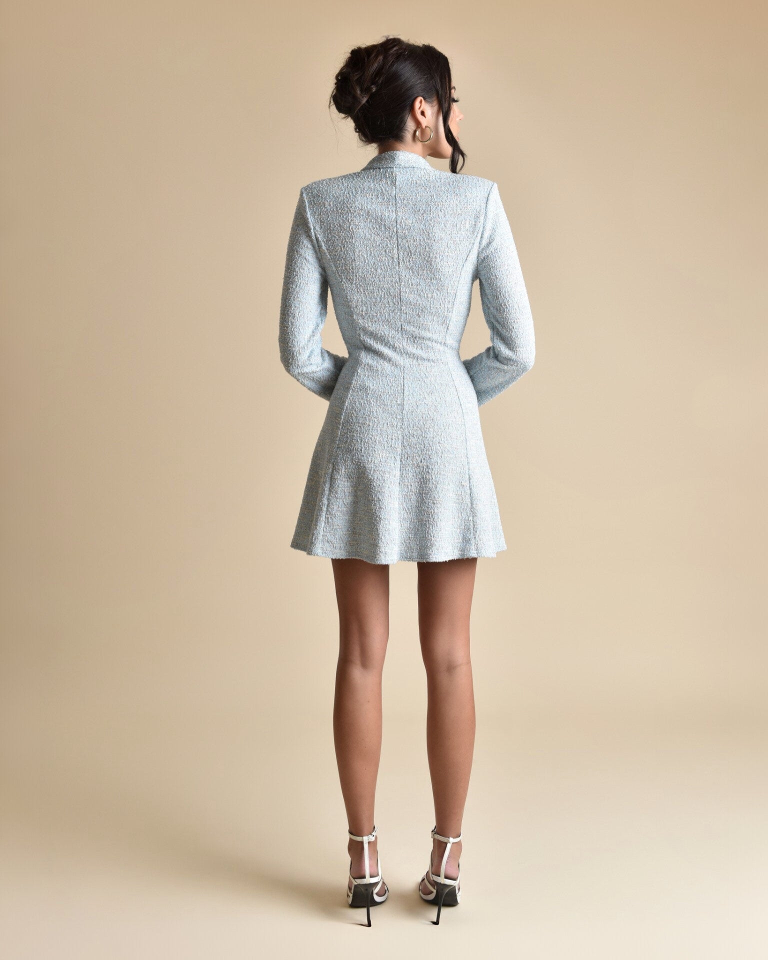 Textured Mini Blazer Dress with Flower Buttons - Powder Blue - LUNA