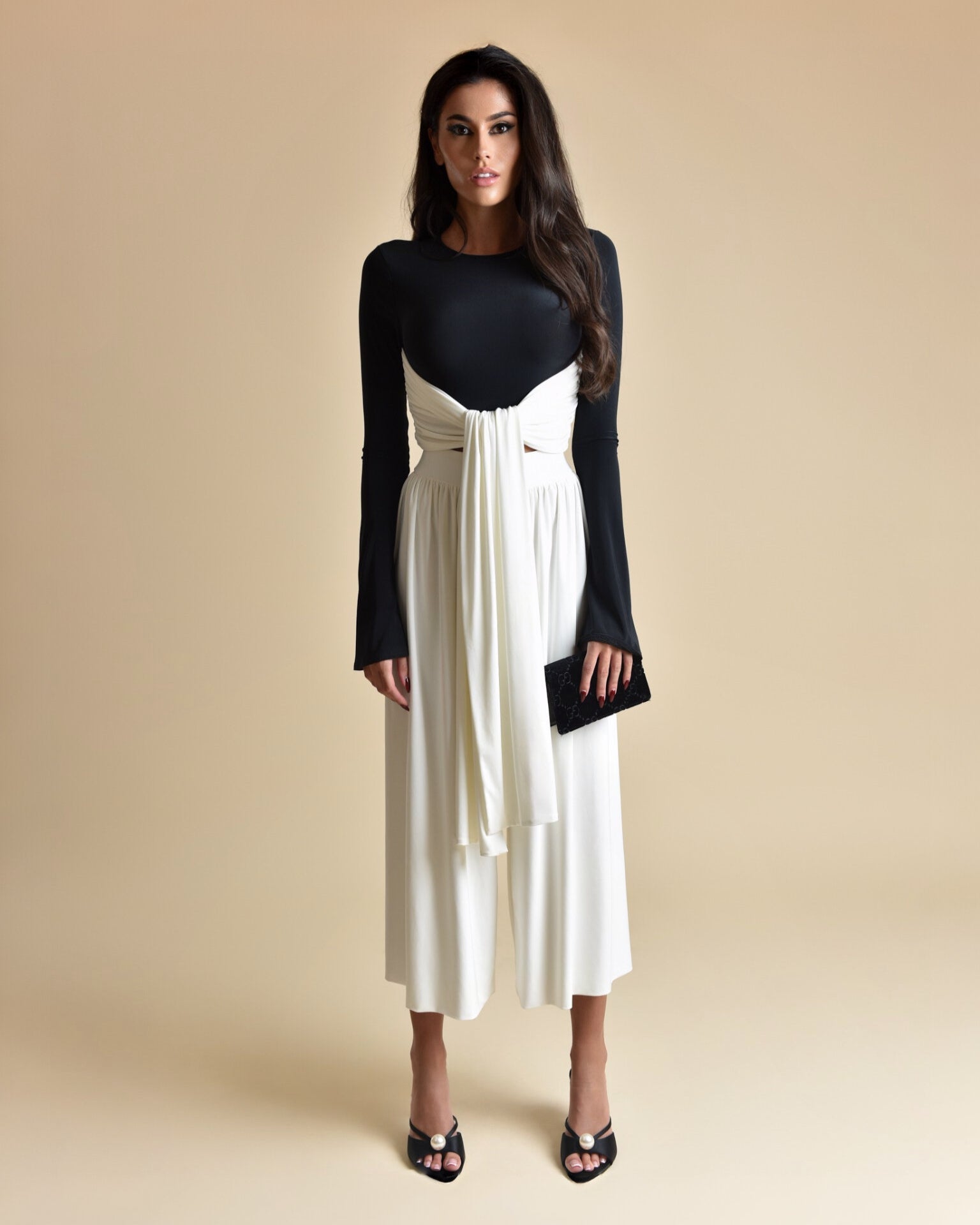 Long-Sleeve Contrast Tie Crop Top and Wide-Leg Trousers Set - DEMETERA