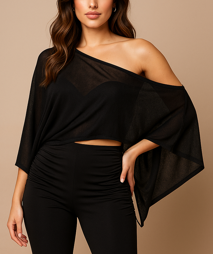 Asymmetric Off-Shoulder Sheer Top & High-Waist Flare Pants Outfit
