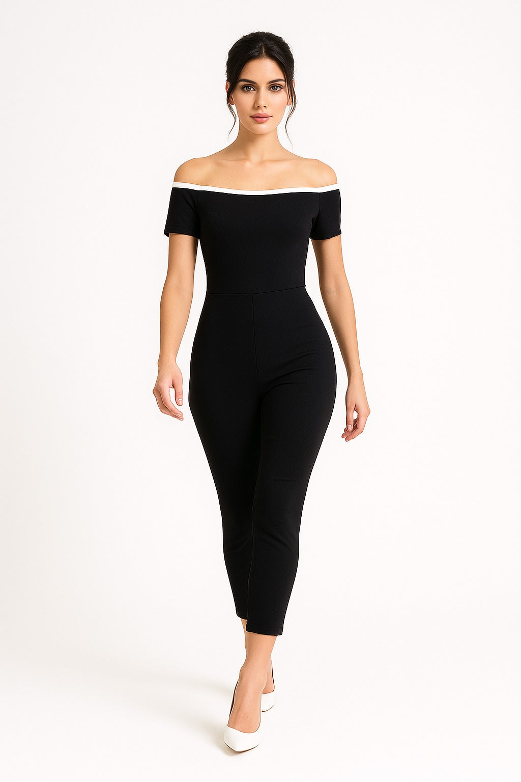 Off-Shoulder Contrast Trim Fitted Jumpsuit – Black and White