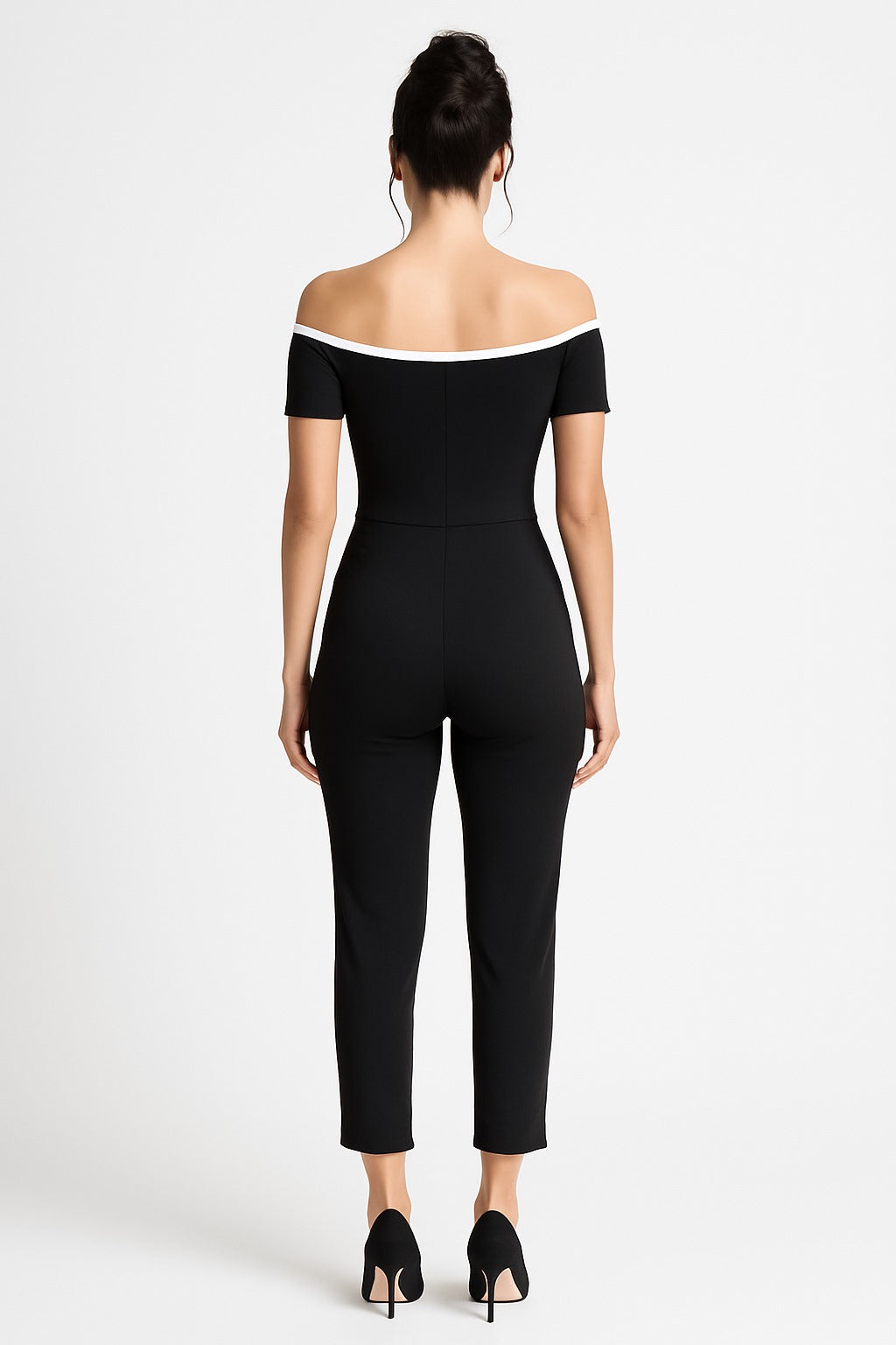 Off-Shoulder Contrast Trim Fitted Jumpsuit – Black and White