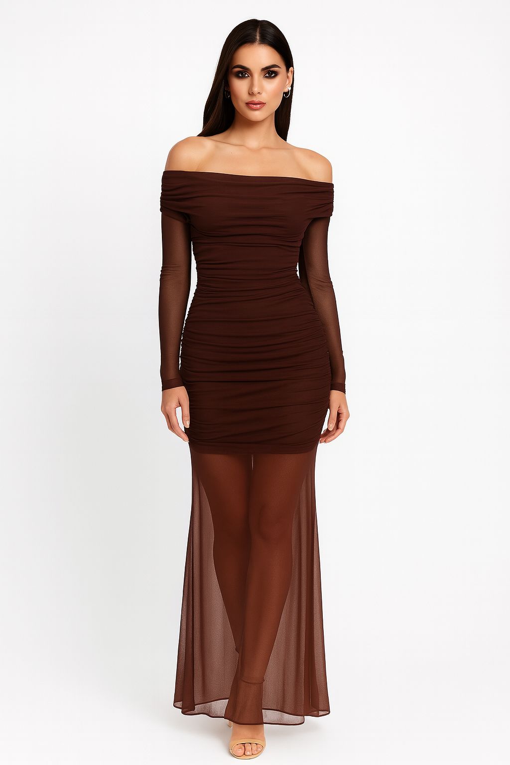 Chocolate Brown Off-Shoulder Sheer Maxi Dress