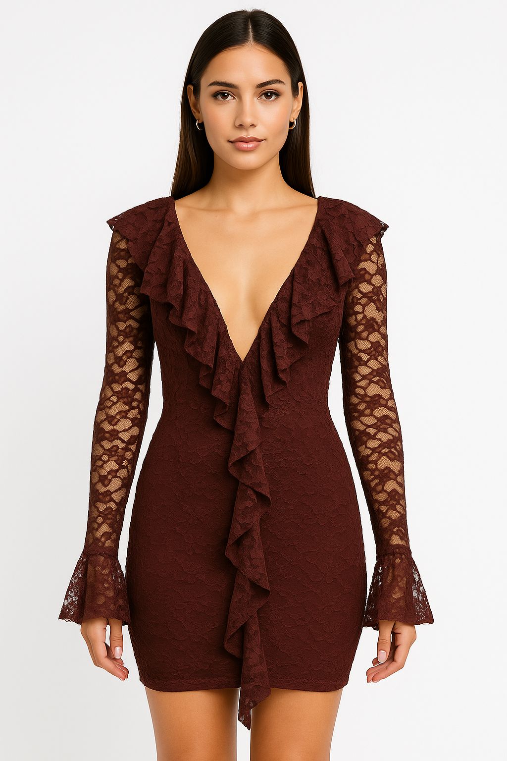 Coffee Brown Lace Ruffle Deep V Mini Dress