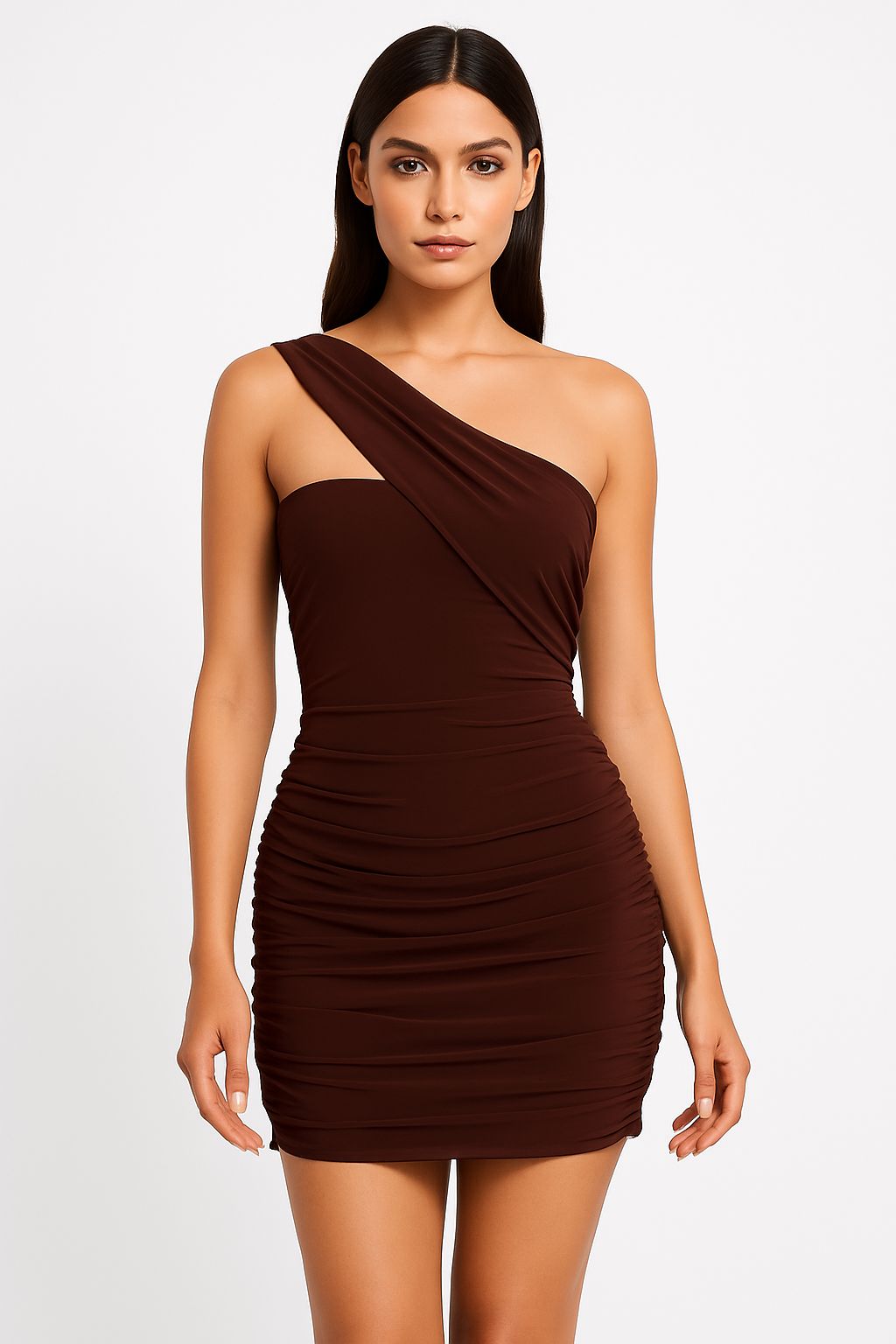 Cacao Aura One-Shoulder Ruched Mini Dress