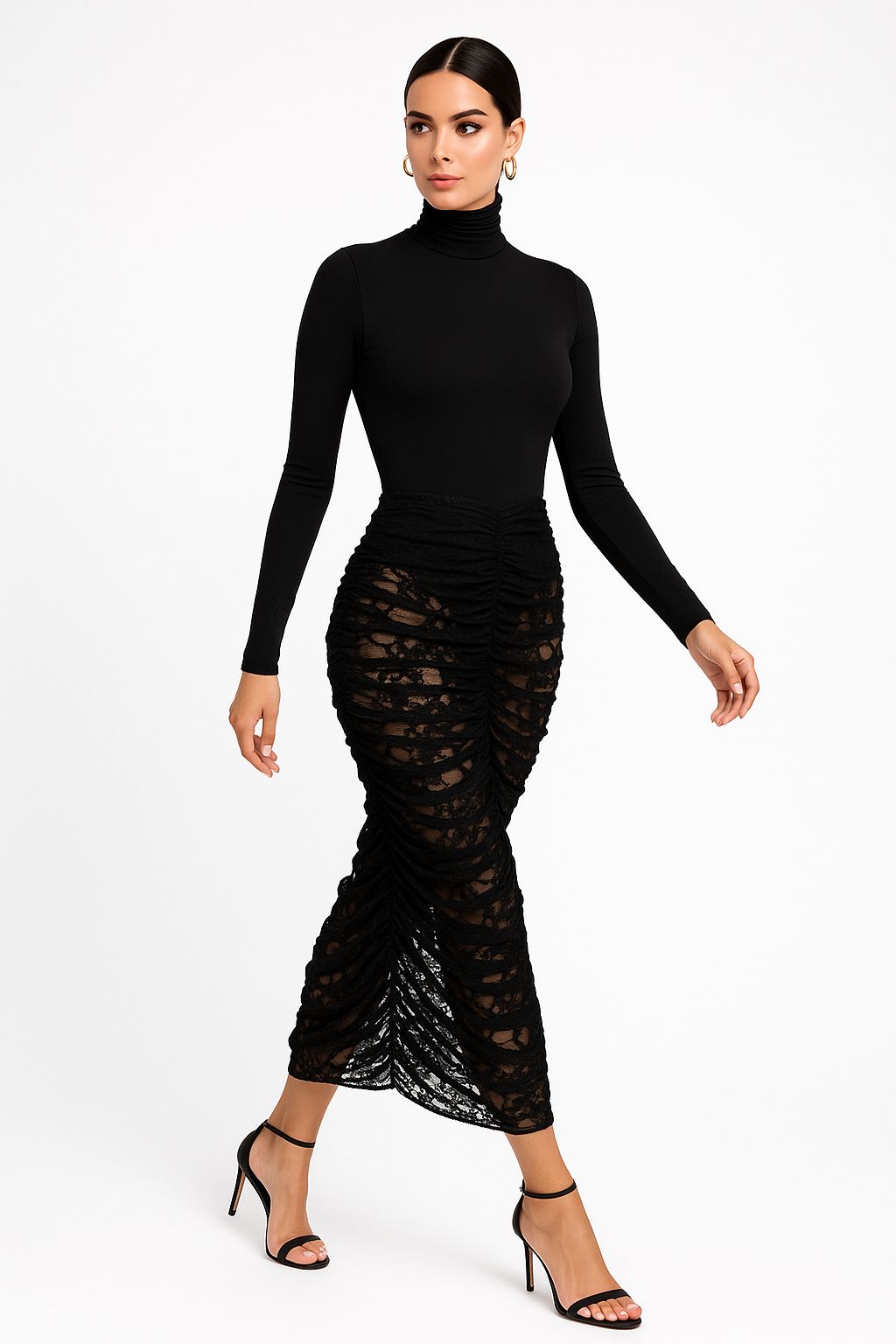 Noir Eclipse Ruched Lace High-Neck Midi Dress