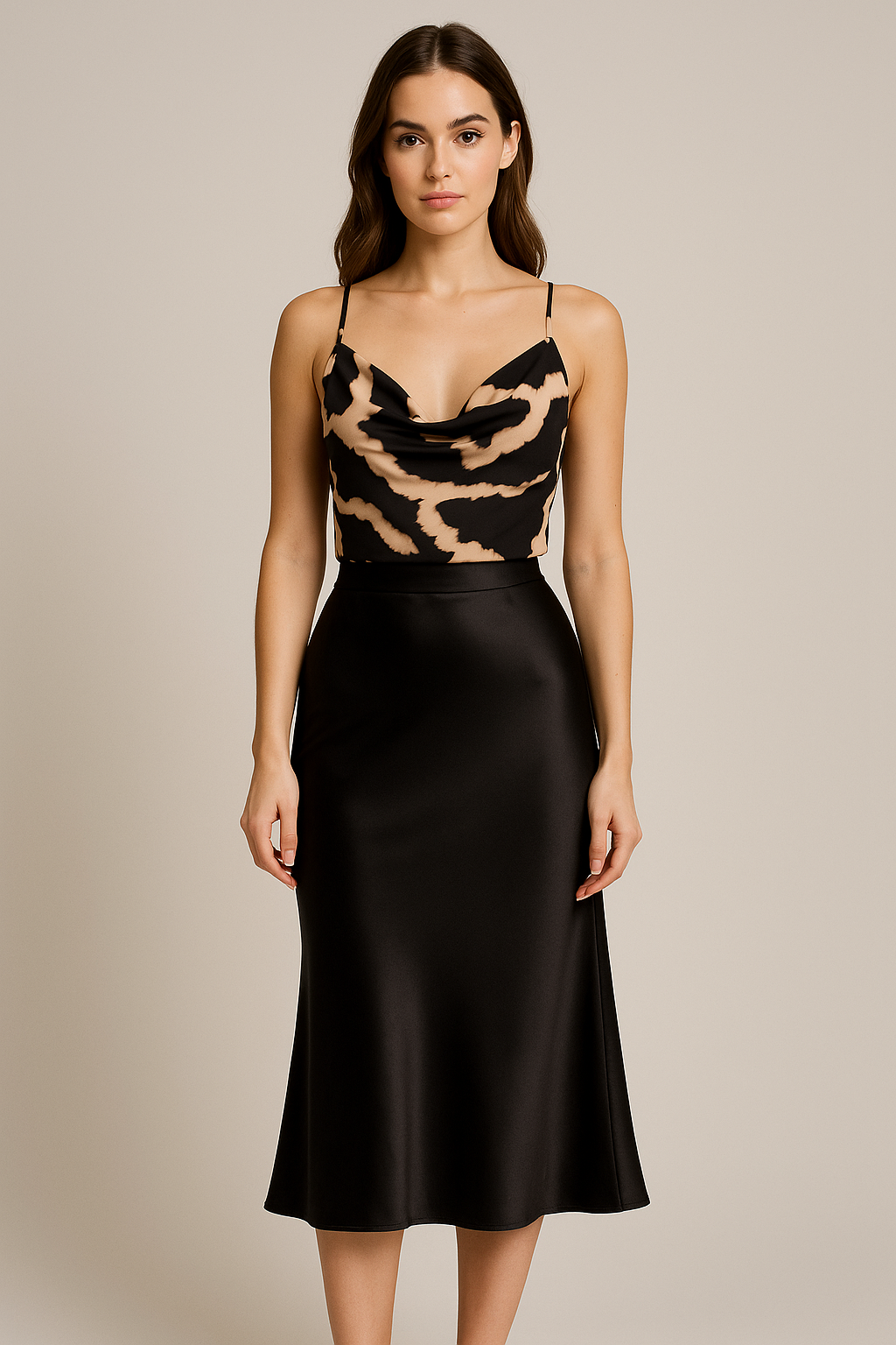 Wild Silk Cascade Top - Beige/Black Abstract Animal-Print Cowl Neck Top