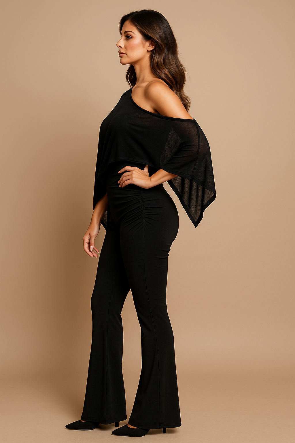 Asymmetric Off-Shoulder Sheer Top & High-Waist Flare Pants Outfit