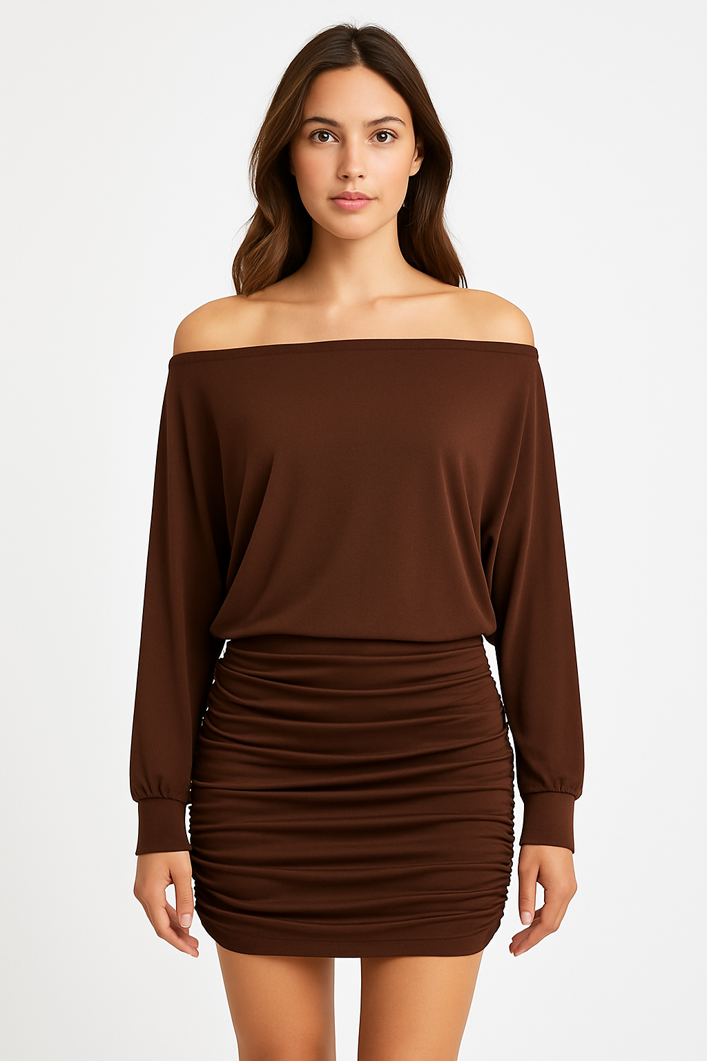 Mocha Luxe Off-Shoulder Ruched Mini Dress
