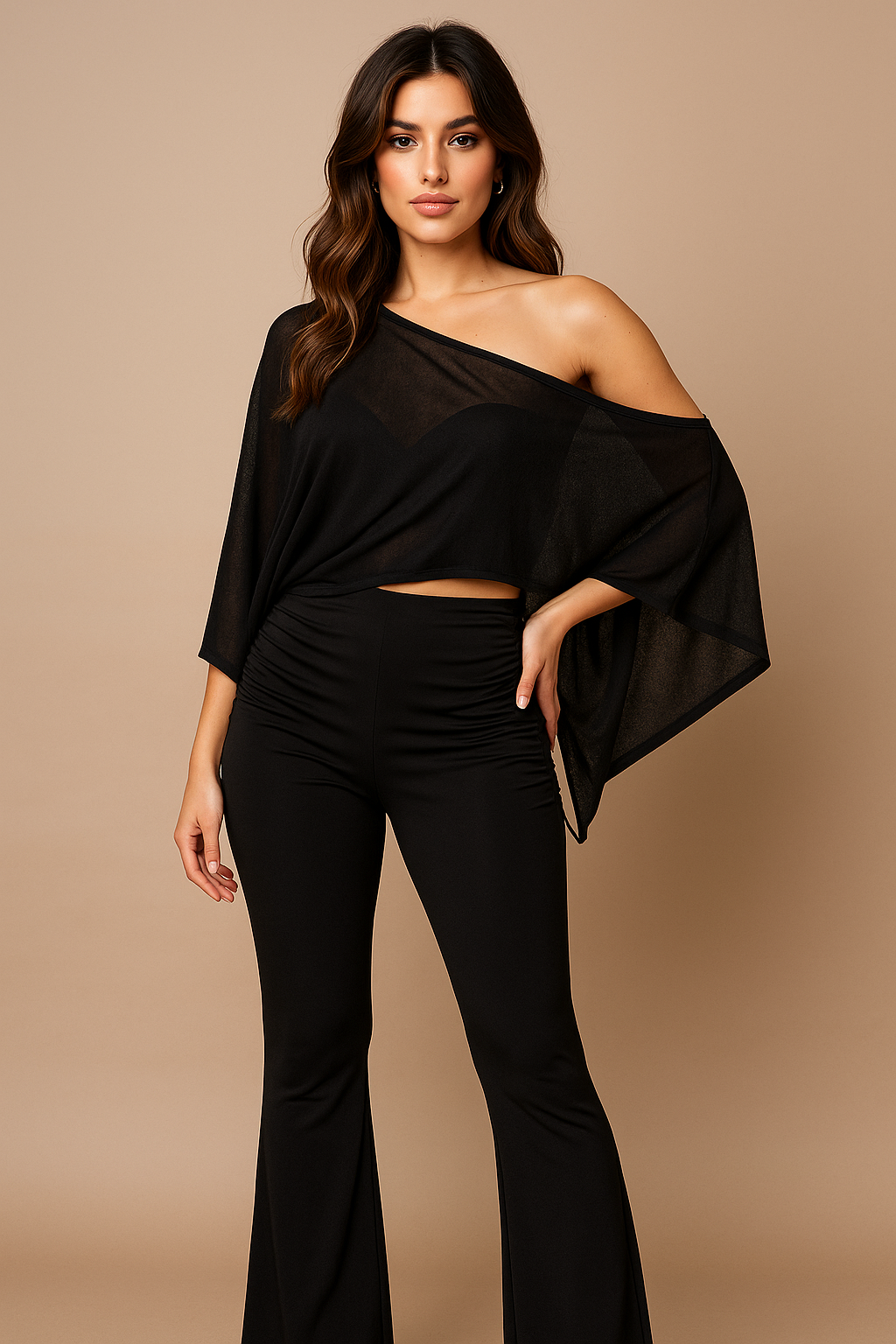 Asymmetric Off-Shoulder Sheer Top & High-Waist Flare Pants Outfit