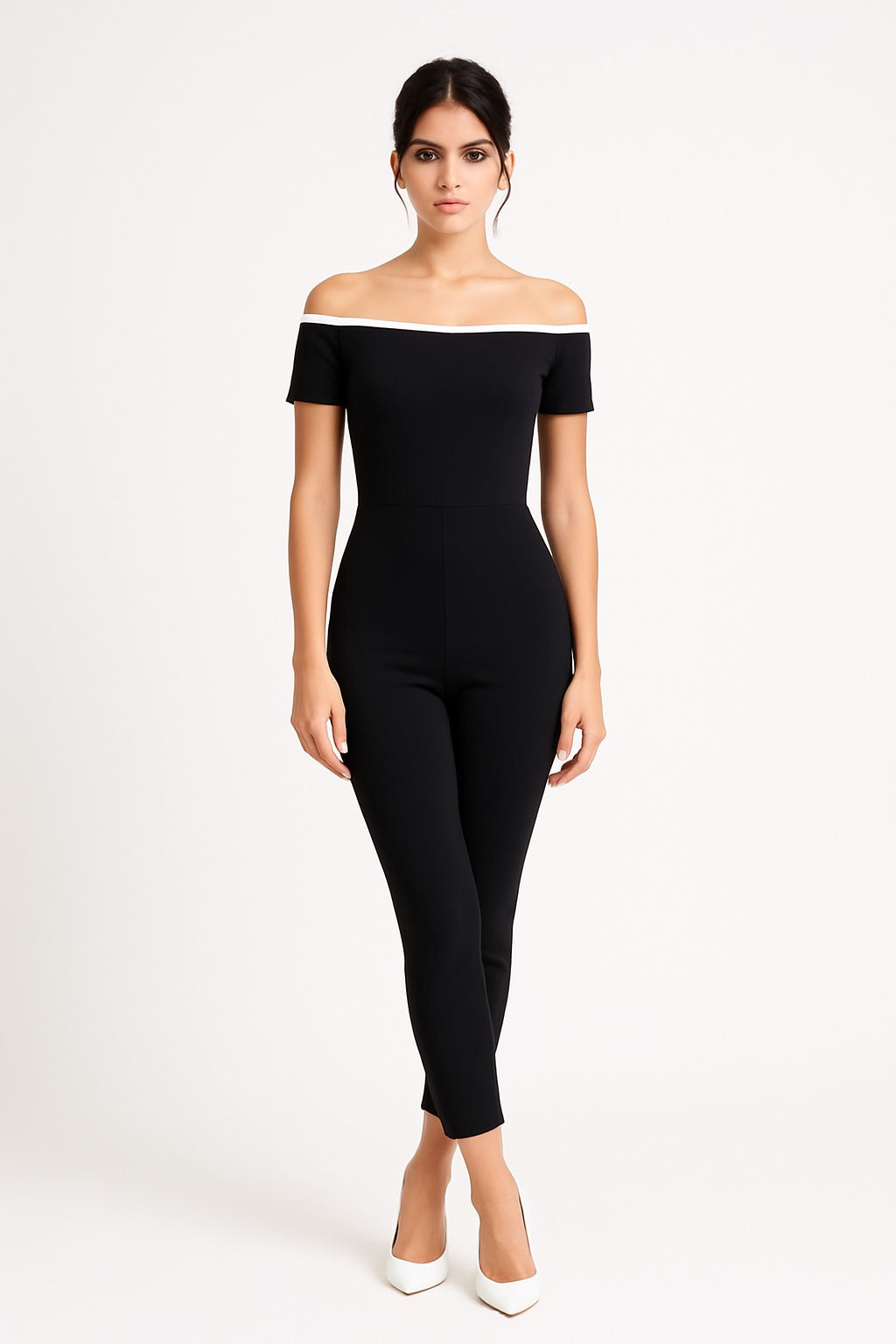 Off-Shoulder Contrast Trim Fitted Jumpsuit – Black and White