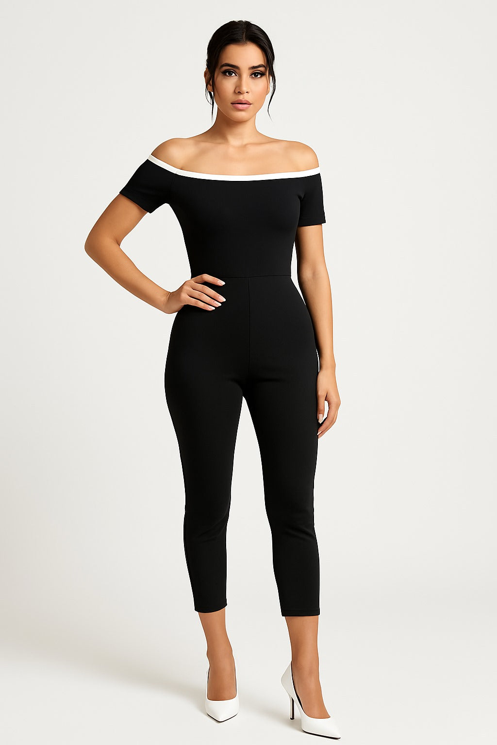 Off-Shoulder Contrast Trim Fitted Jumpsuit – Black and White