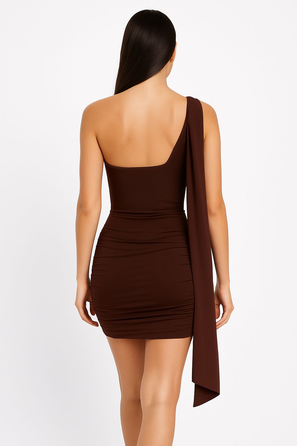 Cacao Aura One-Shoulder Ruched Mini Dress